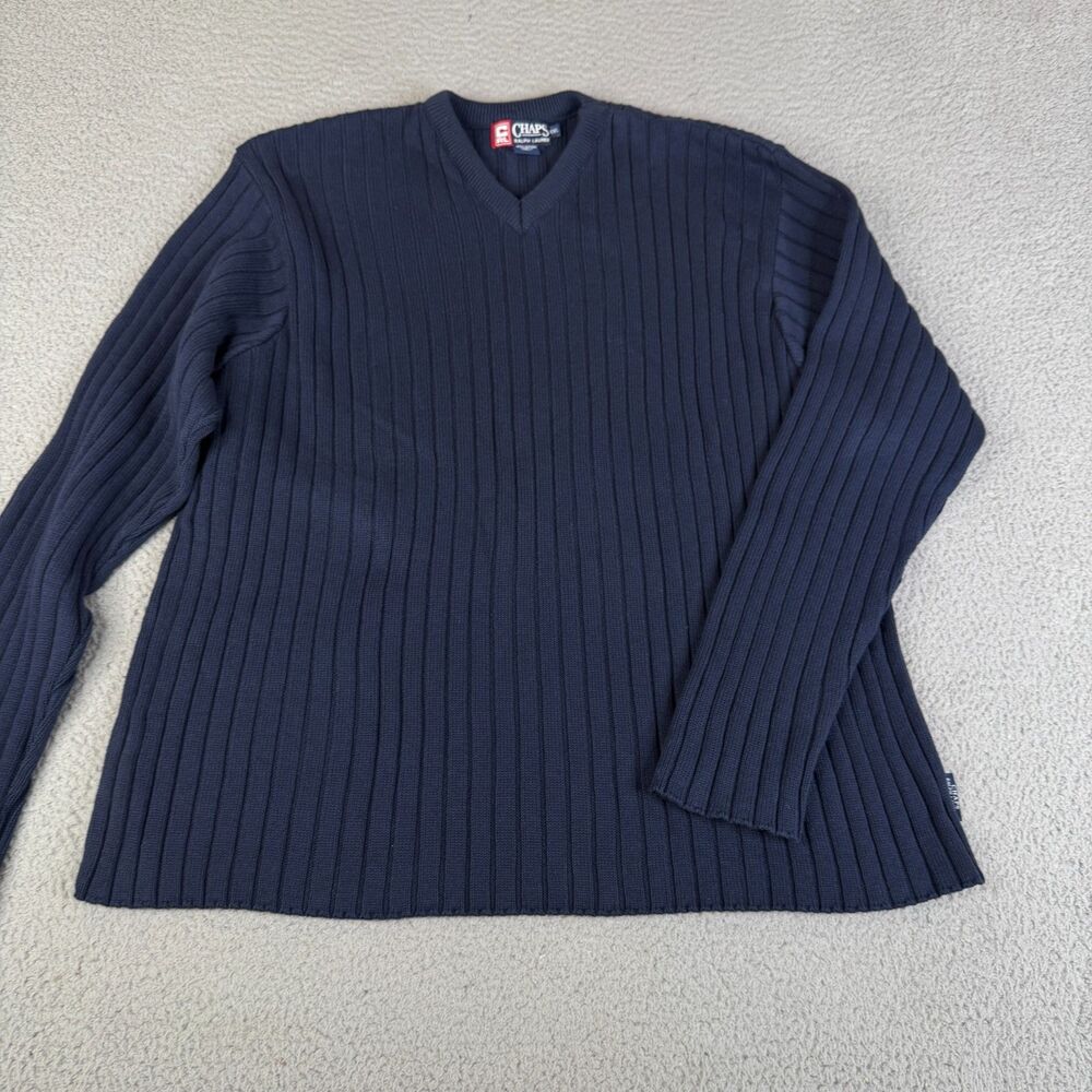 VINTAGE CHAPS RALPH LAUREN Sweater XXL Blue Ribbed Cotton V-Neck Heavyweight